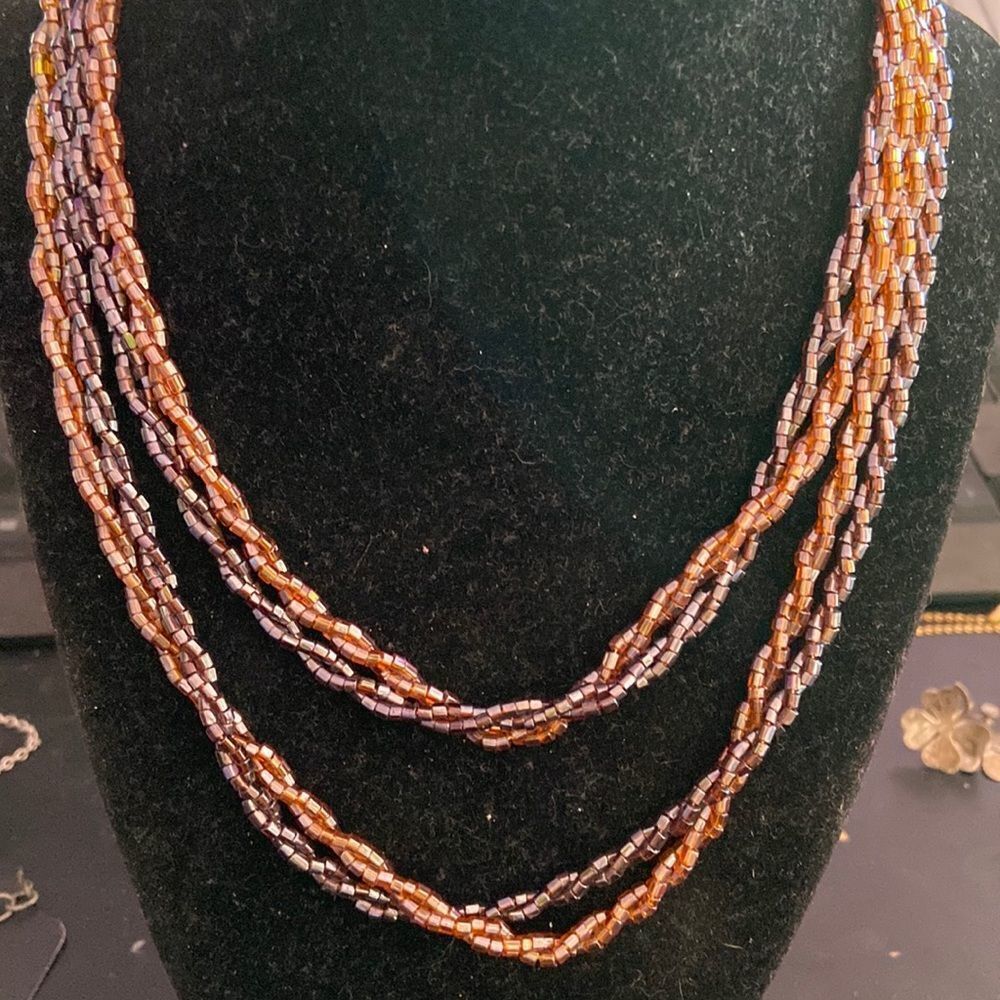 Purple & Rust Double Strand Glass Bead Necklace Boho Statement Jewelry Vintage